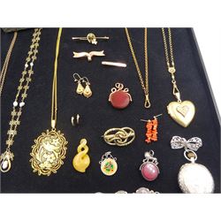 Victorian and later jewellery including gold bloodstone swivel fob, three gold brooches, pair of earrings, all 9ct, silver lion stone set swivel fob, 9ct gold ladies wristwatch, on gilt strap, silver coin bracelet, silver agate dove brooch, silver fob watch and other gilt jewellery