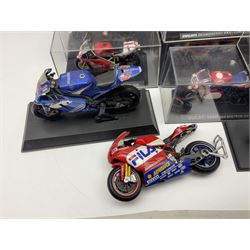 Fifty-one die-cast models of motorcycles by Maisto, Protar Italeri, Welly etc; many in perspex display boxes, some in window boxes and some unboxed