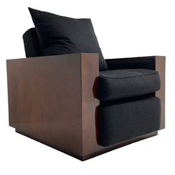 Ralph Lauren - pair 'Metropolis' Art Deco design club armchairs, rosewood finish box frame, upholstered in black fabric
