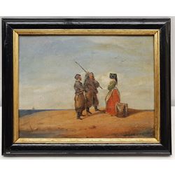 German School (19th century): Soldiers and a Lady on the Shore, oil on board unsigned, indistinctly inscribed verso: '.... Grossvater (Grandfather) Julius Sager' 20cm x 26cm