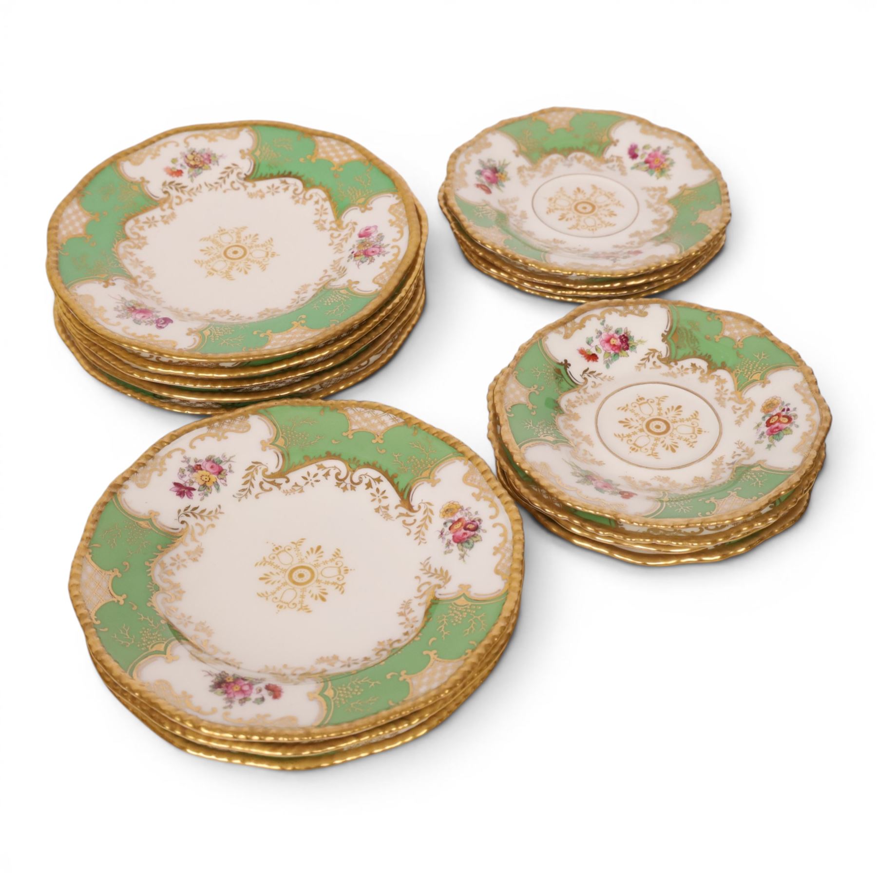 Coalport green batwing pattern tea service for eight, comprising teacups and saucers, side plates, milk jug, open sucrier and sandwich plate