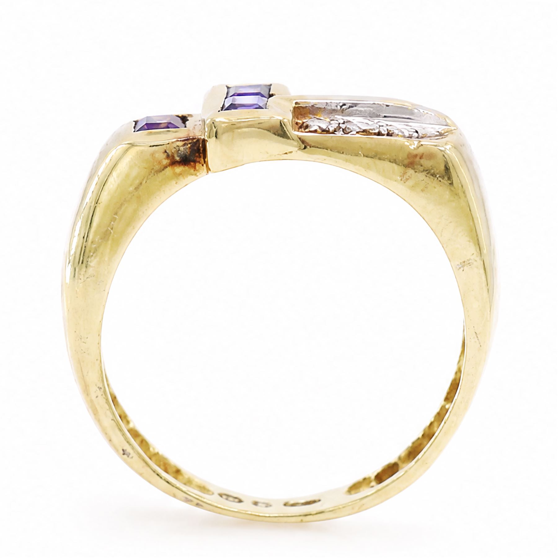 18ct gold purple sapphire and cubic zirconia dress ring, bezel set with three square cut sapphires and six cubic zirconia's, stamped 750