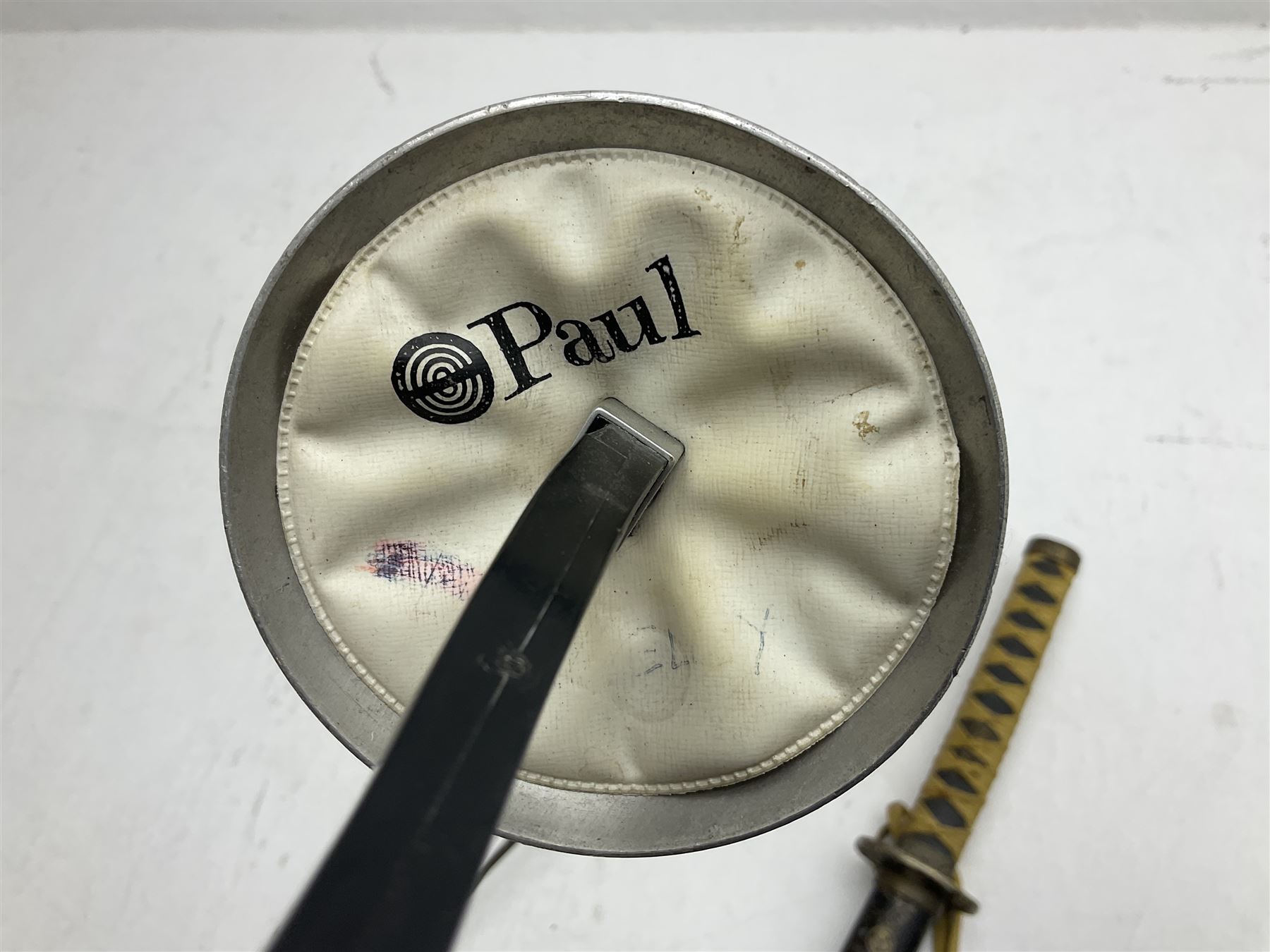 Reproduction Japanese katana with 63cm slightly curving fullered steel blade, ornate tsuba, cord bound grip and gilt transferred black saya L92cm; and two fencing foils, one marked Leon Paul (3)