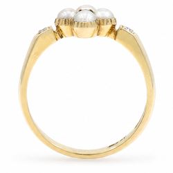 19th/ early 20th century gold pearl and diamond flower head cluster ring, single old cut diamond surrounded by four grey pearls, with a diamond set either side, by Cornelius Desormeaux Sanders & James Francis Hollings Shepherd, stamped 18ct