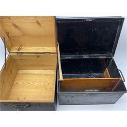 A black silk top hat, contained within a fitted leather hat box, together with a metal deed box, and further ebonised finish box. (3). 