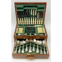 Mid 20th century matched canteen of silver-plated cutlery in oak case with lift up lid and fitted drawer 
