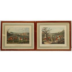 After Charles Loraine Smith (British 1751-1835): 'The Smoking Hunt' and 'Bagging the Fox', pair 20th century aquatints 24cm x 33cm, together with two similar French hunting aquatints 20cm x 32cm (4)