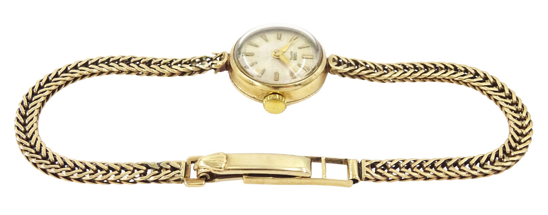 Tudor Royal ladies 9ct gold manual wind wristwatch, silvered dial with dagger and baton hour markers, on integral 9ct gold bracelet, Birmingham 1963