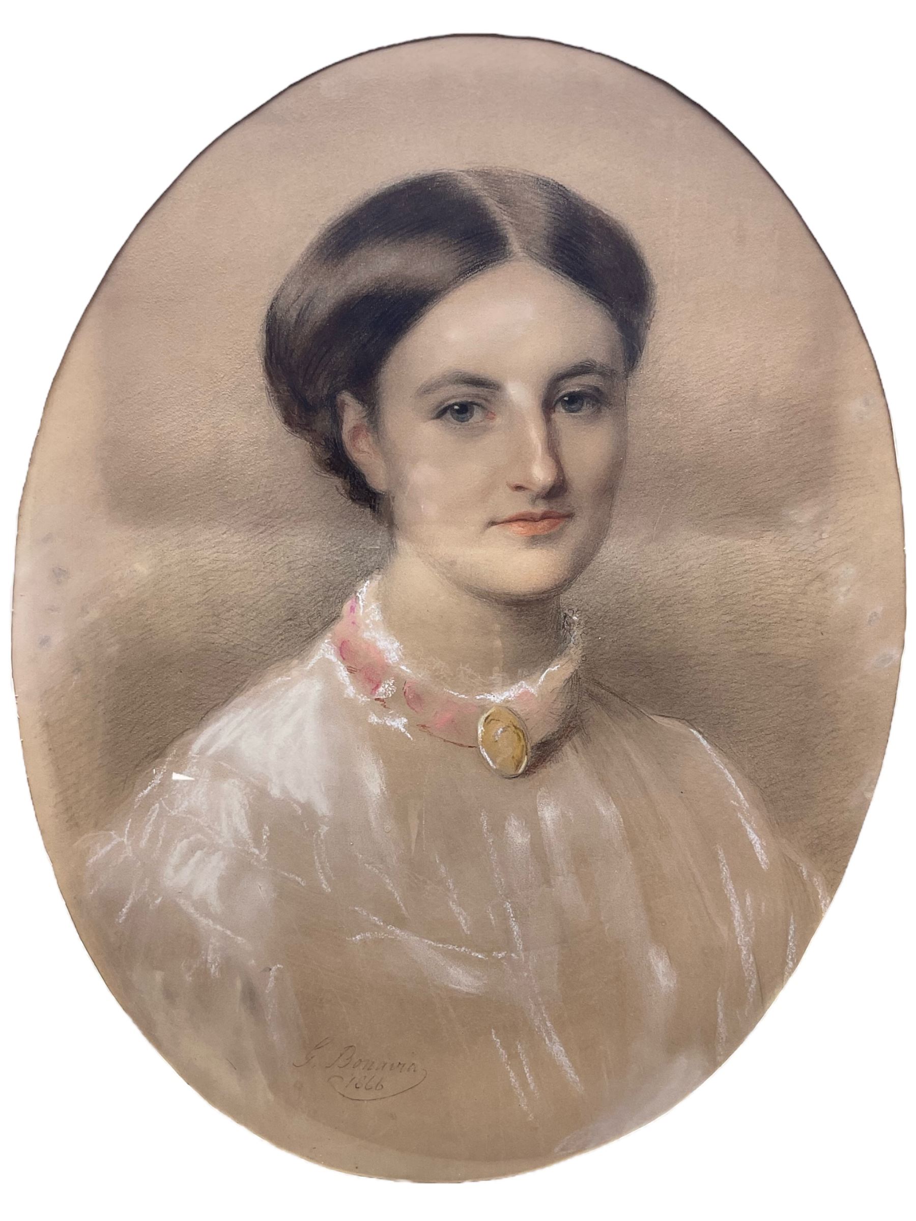 George Bonavia (Maltese/British 1818-1901): Bust Portrait of a Lady, probably a member of the Trollope family, oval pastel signed and dated 1866, 61cm x 48cm 
Provenance: private collection, purchased Neales Auctioneers Nottingham 27th March 2003 Lot 964; from Casewick Hall, Uffington, home of Sir John Trollope