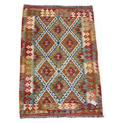 Chobi Kilim rug, orange ground with lozenge and geometric pattern