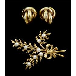 Gold pearl flower brooch and a pair of gold knot stud earrings, both hallmarked 9ct
