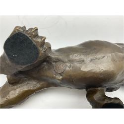 Bronze figure of a crouching cougar after 'Milo', with foundry mark, L42cm