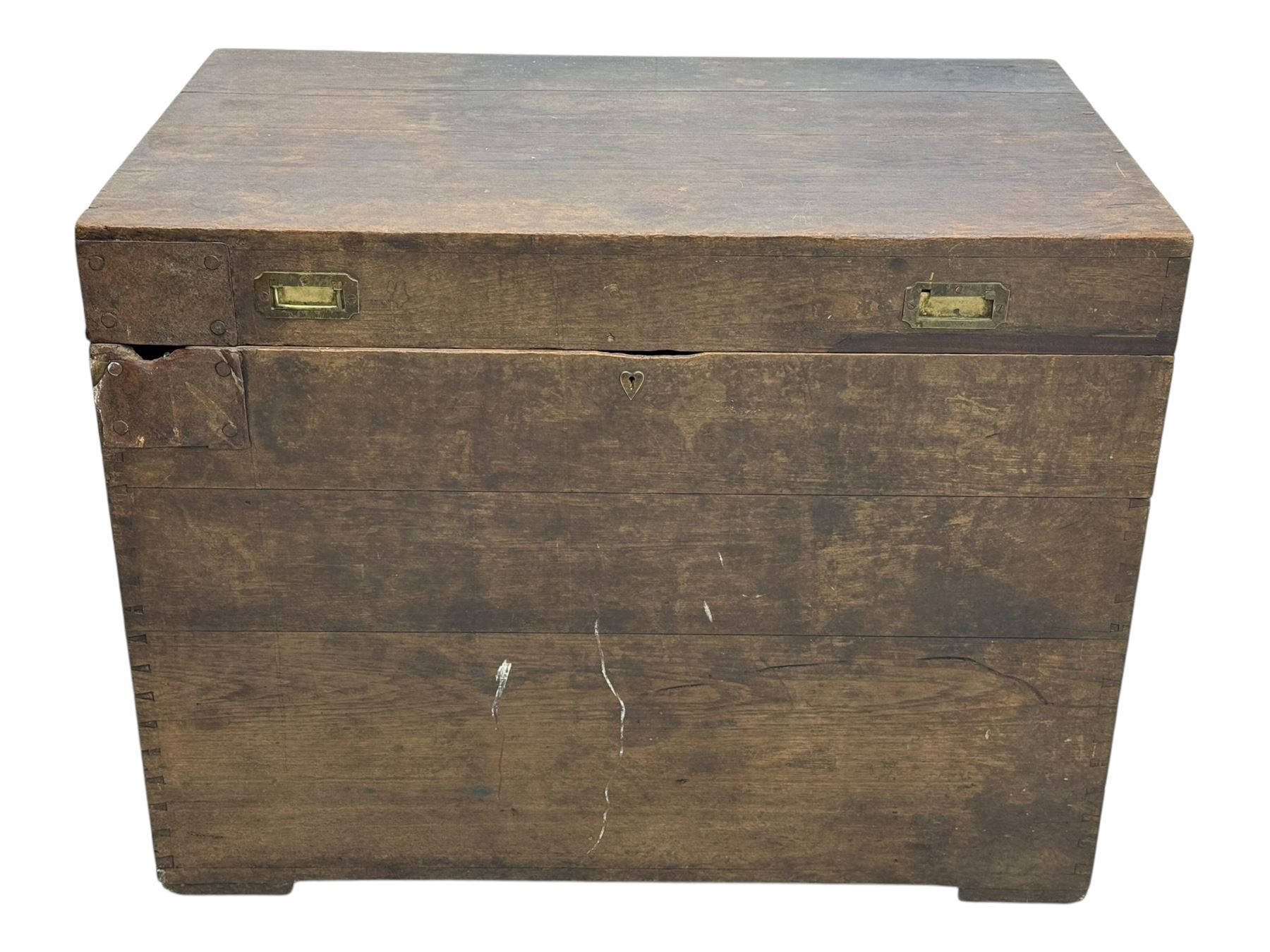 Early 20th century oak blanket chest, of rectangular form with iron strap hinges and surface-mounted drop handles, the interior fitted with iron lid stays, on bracket feet