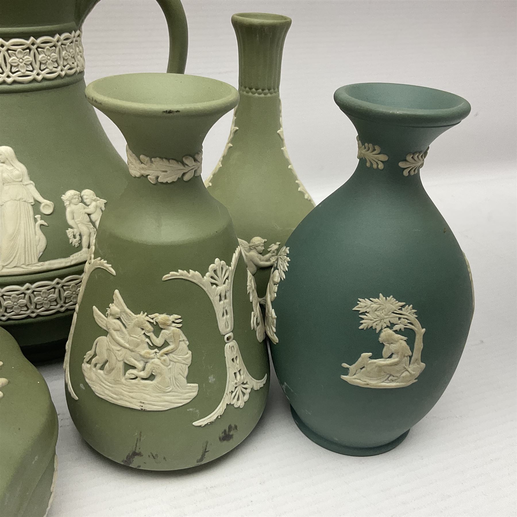 Collection of  Wedgwood green Jasperware, to include large jug, vases, trinket dishes, etc together with two teal Jasperware vases 