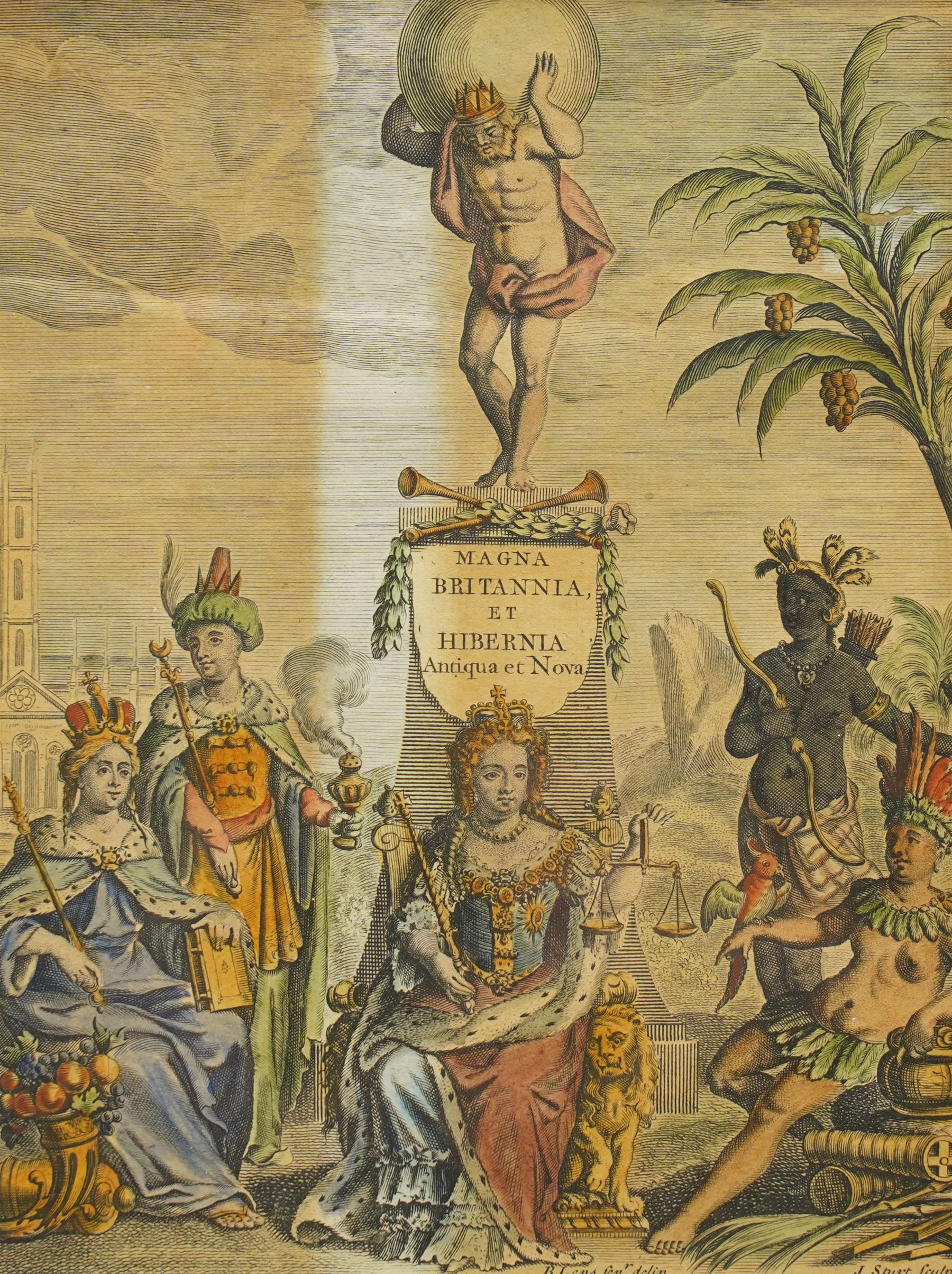 James Stuart (British fl. c.1715-1740) after Bernard Lens (British 1682-1740): Frontispiece for 'Magna Britannia et Hibernia - Antiqua et Nova' by Thomas Cox, depicting a classical architectural surround framing the title with allegorical figures representing learning, antiquity, and national identity, early 18th-century engraving with hand-colouring published c.1720, 21cm x 16cm