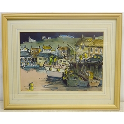 Eric Hill (British 1922-): 'Boats at Whitby', watercolour signed, titled verso with artist's address 28cm x 38cm