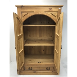 Waxed pine kitchen larder cupboard, two panelled arched doors, single drawer, plinth base, W109cm, H181cm, D67cm