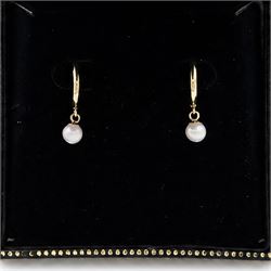 Pair of 9ct gold pearl pendant earrings, each stud set with a single white pearl, stamped 375