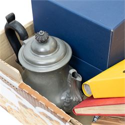 Copper jelly mould, Bohemia crystal decanter, boxed, assorted silver plated items, Benares brass tray, stamp albums and a Victorian pewter coffee pot