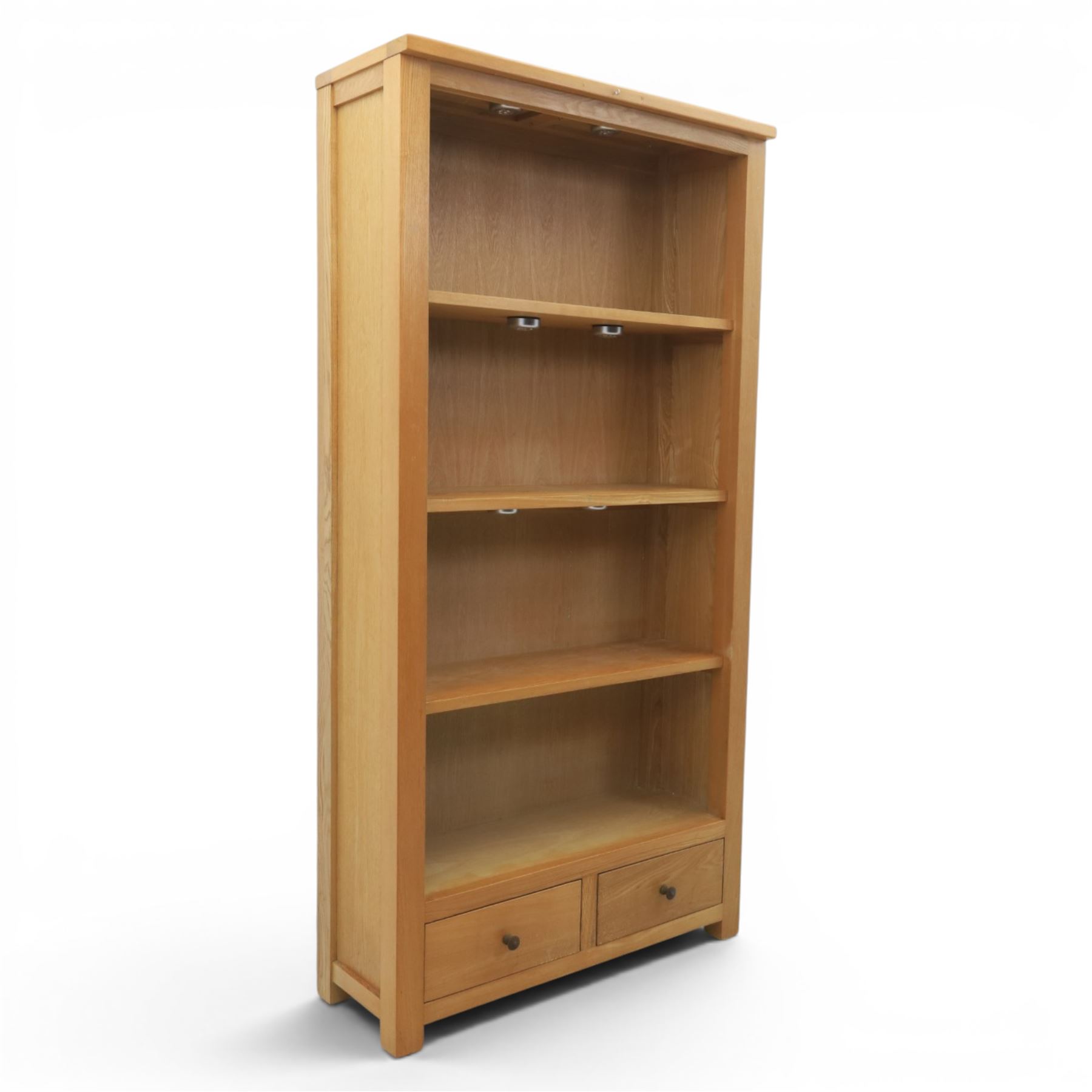 Contemporary oak open bookcase, fitted with two base drawers
