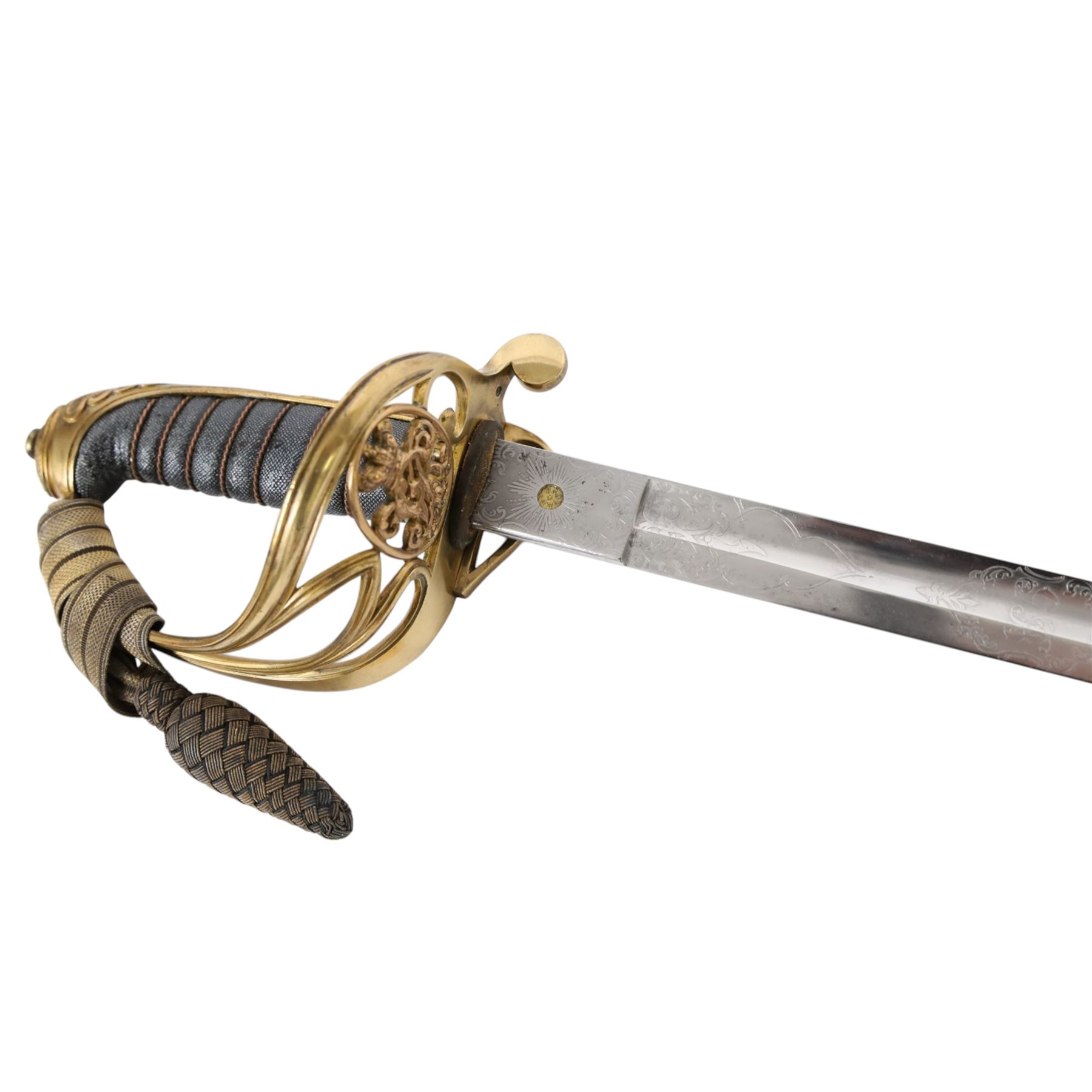 British 1822 pattern, named, infantry officers' sword, the 82cm slightly curved and fullered single edged blade engraved on both sides, bears the Victorian coat of arms and the owners initials 'GB', ricasso marked Grindlay & Co London, the brass basket guard with Victoria cartouche and fold down rear flap, shagreen bound grip with original wire binding and gilt sword knit, with brass scabbard, twin suspension rings and steel chape mount, overall L102cm  
