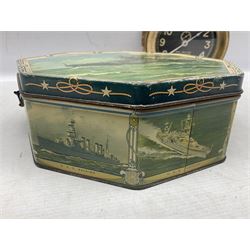 WWII period US Navy Mark I deck clock, the black circular dial with Arabic numerals,  luminous dot markers and subsidiary seconds dial marked 'Mark I Deck Clock U.S. Navy 15211 1941', in bronze bulk head case D20cm; and a Loose-Wiles Biscuit Company octagonal tin decorated with nine different US Warships (2)