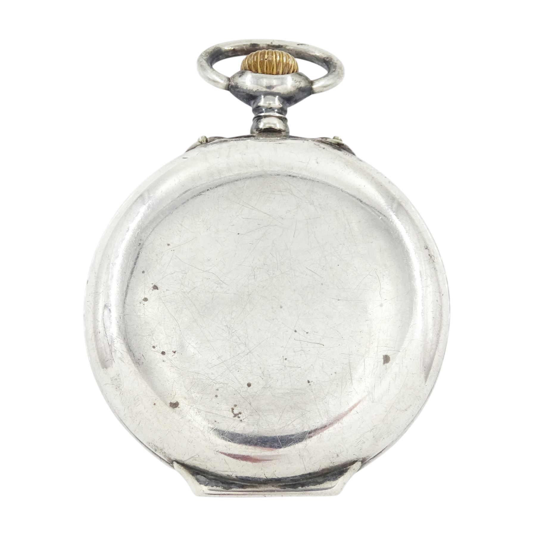 Early 20th century silver open face keyless lever alarm pocket watch by Zenith, white dial with Arabic hour markers and subsidiary seconds dial, retailed by Brook & Son, Edinburgh, case No. 82977, Glasgow import mark 1917