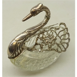  20th century cut glass bon bon dish in the form of a swan with pierced and embossed silver wings, stamped 925 with import marks, L13.5cm   