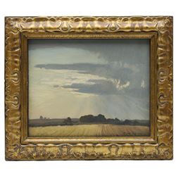 Clive Richard Browne (British 1901-1991): Open Fields Landscape, oil on board signed 21cm x 26cm; Joan Newton (British 19th/20th century): 'The Two Churches - Alvingham' Lincolnshire, oil on canvas signed, titled on label verso 30.5cm x 40.5cm (2) (one unframed)
