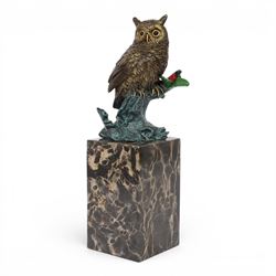 Cold painted bronze figure, modelled as an owl perched upon a tree stump signed Milo and w...