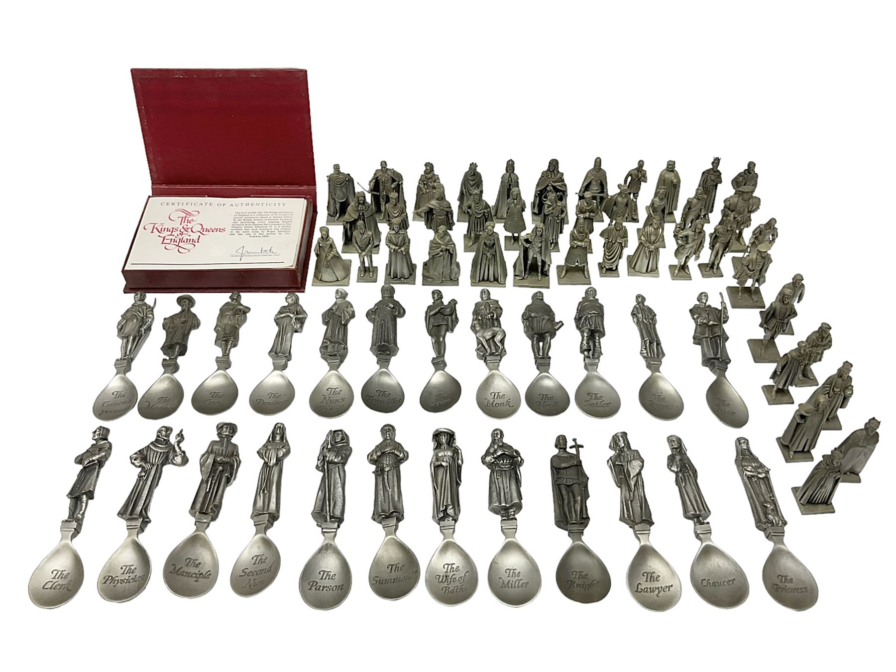 Set of forty three miniature Franklin Mint pewter figures of the Kings and Queens of England, with certificate of authenticity and information cards, together with a collection of twenty four Franklin Mint pewter Charles Dickens character spoons