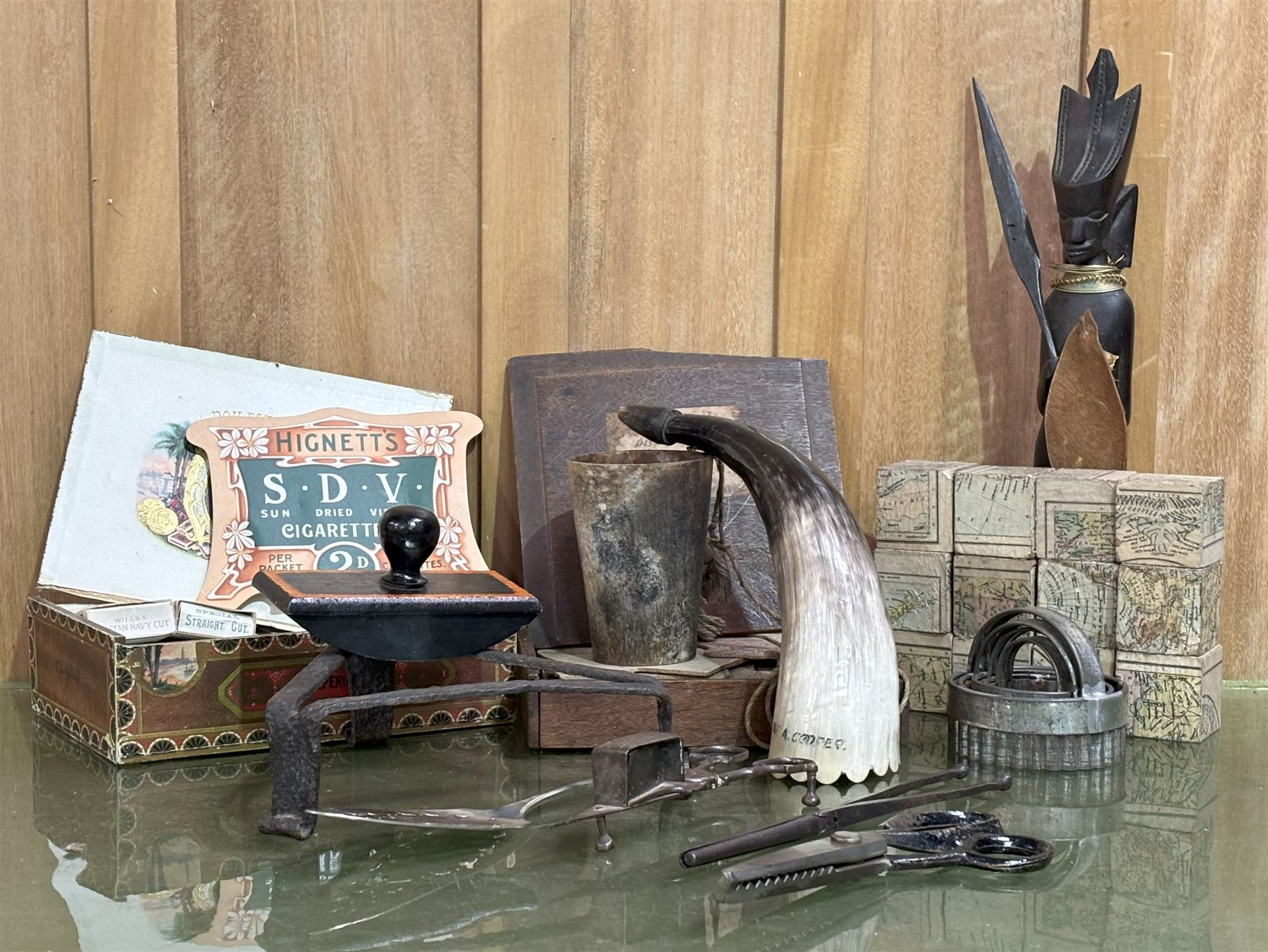 Group of decorative and collectable items to include; a horn beaker, graduated set of pastry cutters, wrought iron trivet, cube jigsaw, etc.  - COLLECTION BY APPOINTMENT FROM: The White House, Thirsk Road, Easingwold, York, YO61 3NF - CALL 01723 507111 TO ARRANGE