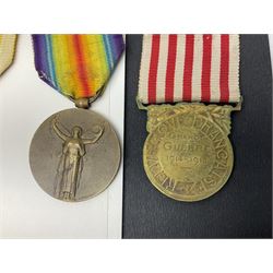 WWI French and Belgian Victory Medals and 1914-1918 Commemorative Medal; Palmes Universitairs Class II Officier D'Acadamie Medal; and two French Medaille Militaire; all with ribbons (6)