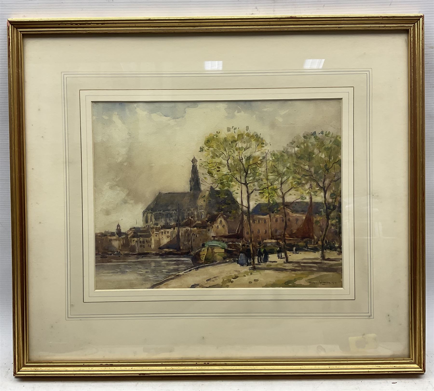 George Graham (British 1881-1941): Promenade in France, watercolour signed and dated 1914, 16cm x 34cm