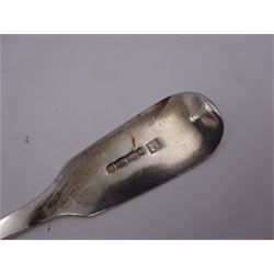Victorian silver Fiddle pattern sauce ladle, hallmarked Josiah Williams & Co, Exeter 1850, together with a Victorian silver Fiddle pattern table spoon, hallmarked John Stone, Exeter 1845