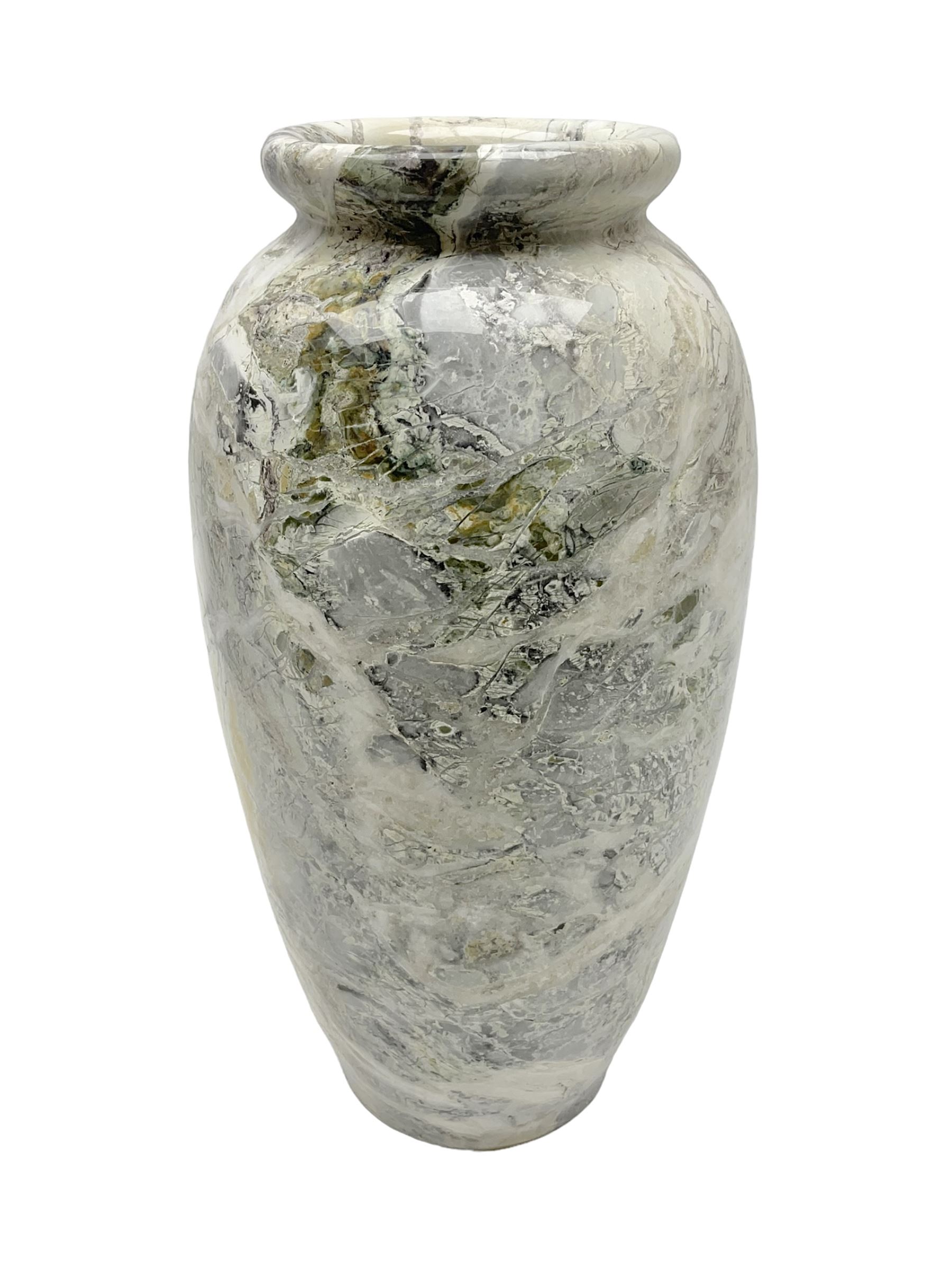 White marble vase, of baluster form, with grey, gold and green undertones, H30cm