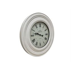 large quarts battery operated wall clock with an 18” dial and 30” painted wooden bezel, Roman numerals and baton hands.