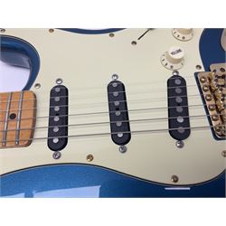 Fender Stratocaster style electric guitar in metallic blue with Rio Grande pick-ups and Fender back-plate L98cm; in Fender soft carrying case