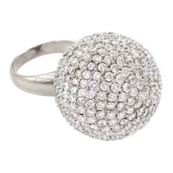 Palladium pave set round brilliant cut diamond ball ring, hallmarked, total diamond weight approx 15.00 carat