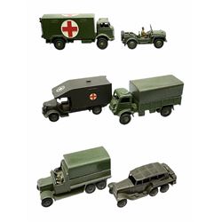 Dinky - six army vehicles comprising Austin K2 Ambulance with American Star to roof; 151b Six-Wheeled Covered Wagon with driver; 152b Reconnaissance Car; 623 Army Wagon; 626 Military Ambulance; and 674 Austin Champ; all unboxed (6)