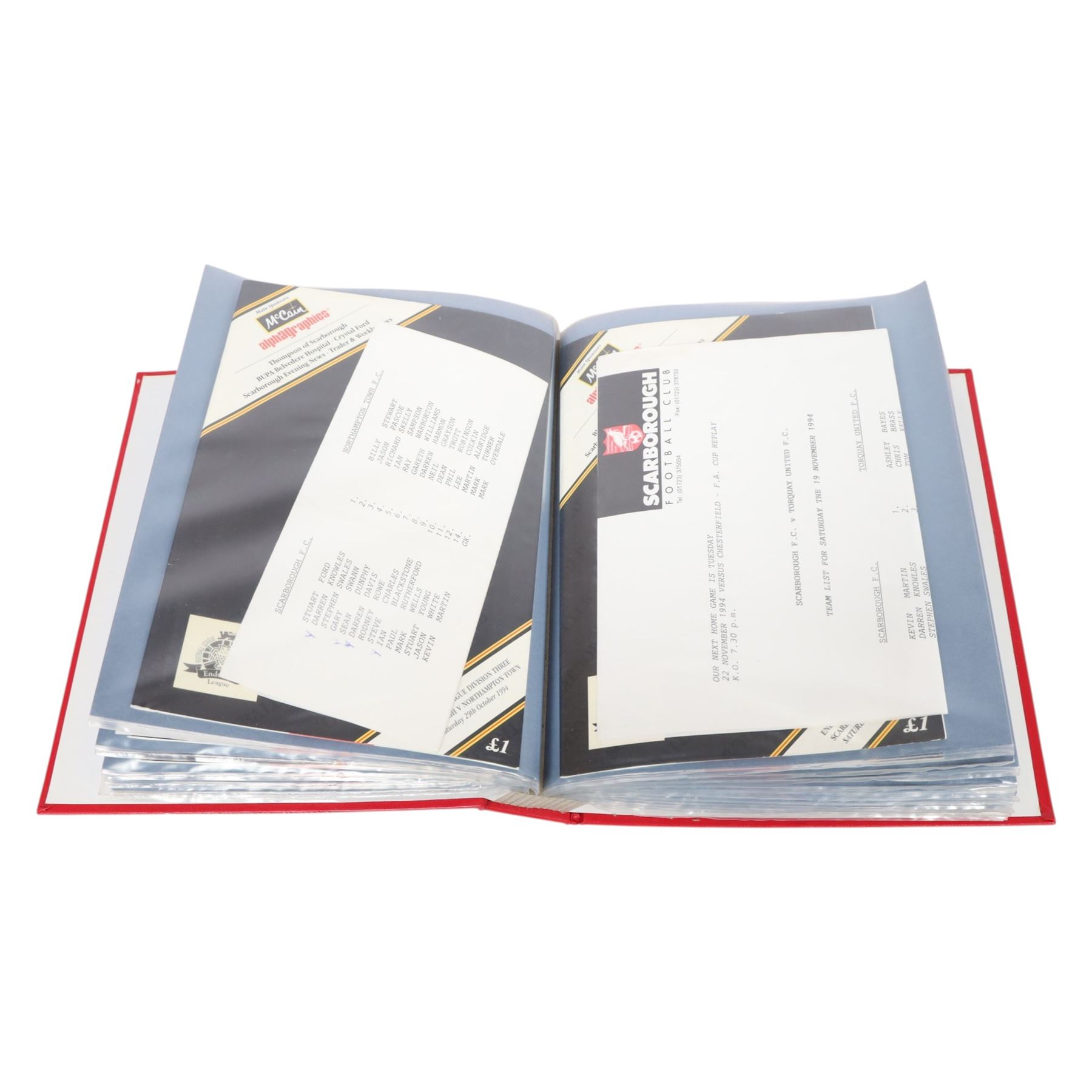 Comprehensive collection of approximately one-hundred and seventy Scarborough FC football programmes for the 1993/94, 1994/95 and 1995/96 seasons, all filed within six dedicated Scarborough FC red Home and Away binders
