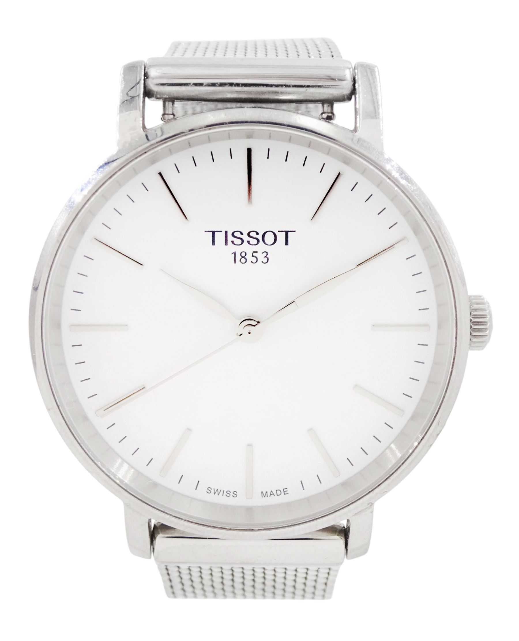 Tissot Everytime ladies stainless steel quartz wristwatch, Ref. 143210, silvered dial with baton hour markers, on integral interchangeable bracelet, boxed