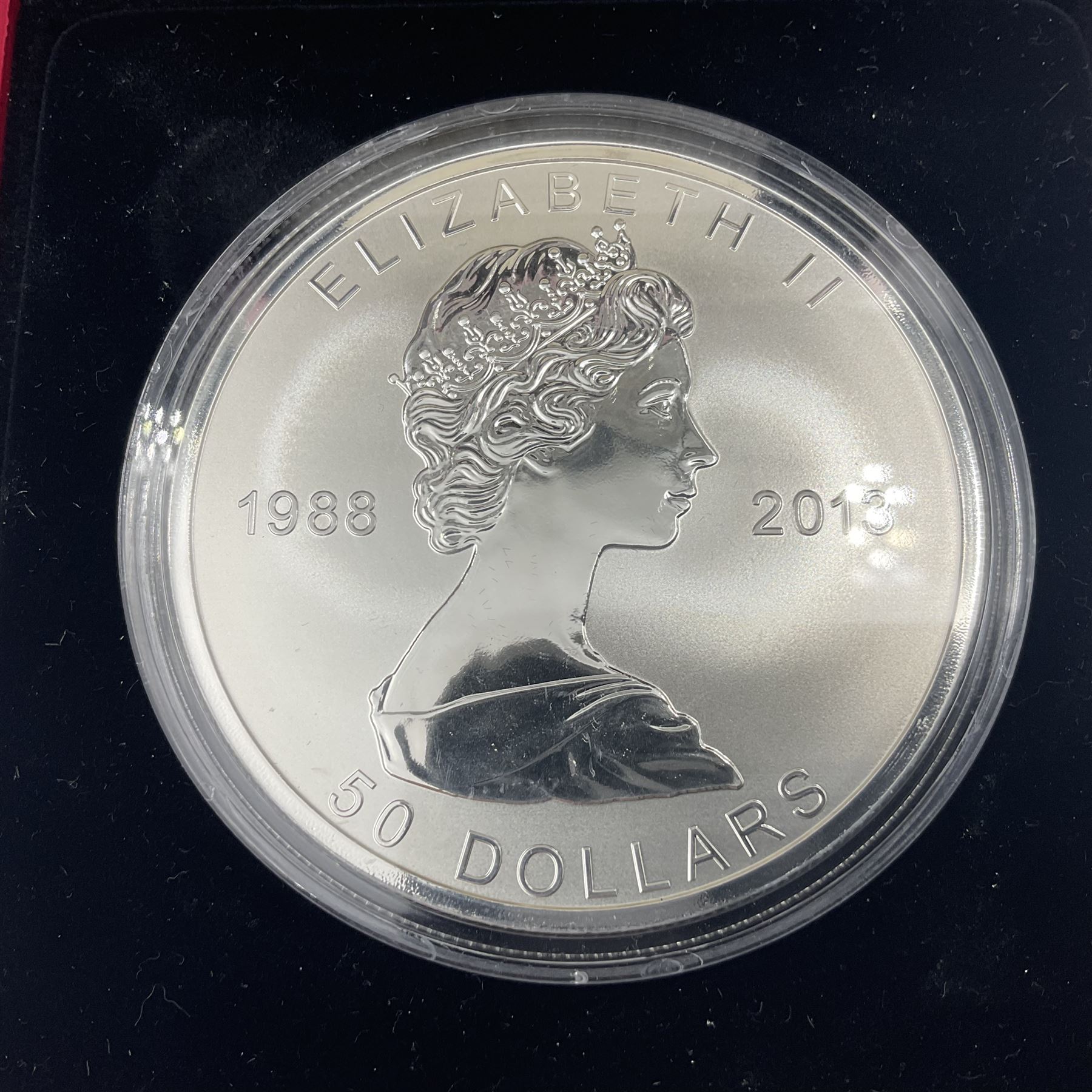 Royal Canadian Mint 2013 '25th Anniversary Maple Leaf' five ounce fine silver coin, cased with certificate
