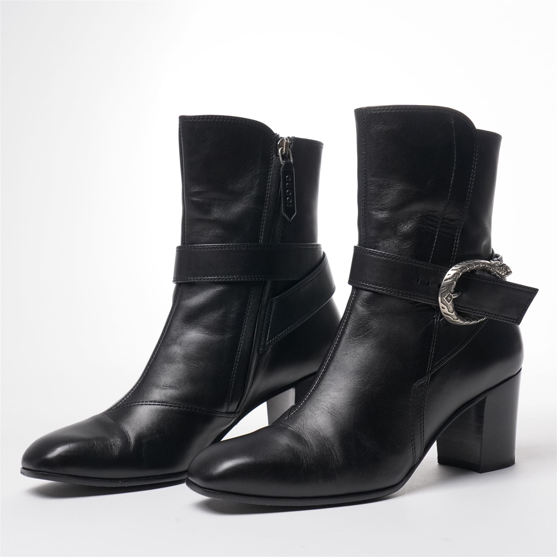 Gucci - pair of Dionysus ankle black leather boots with block heels, with signature silver tone tiger head buckle fastening and full length zip, size 37½, total boot height 24cm, with original box and dust bags