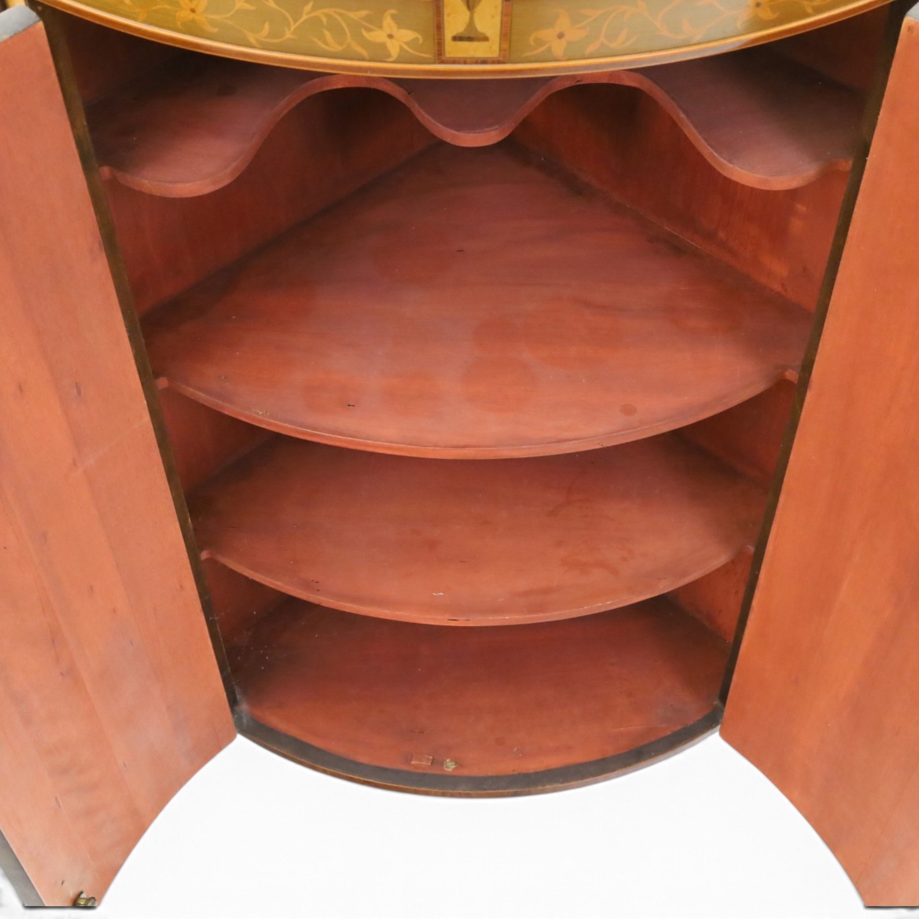 Edwardian inlaid birds-eye maple corner cabinet, urn finials above shell motif inlays, reeded column's hanging hooks
