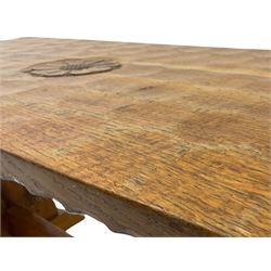 'Woodpeckerman' - Yorkshire oak rectangular coffee table by Stan Dodds, carved central rose, stretcher base, carved Woodpecker motif to the leg 