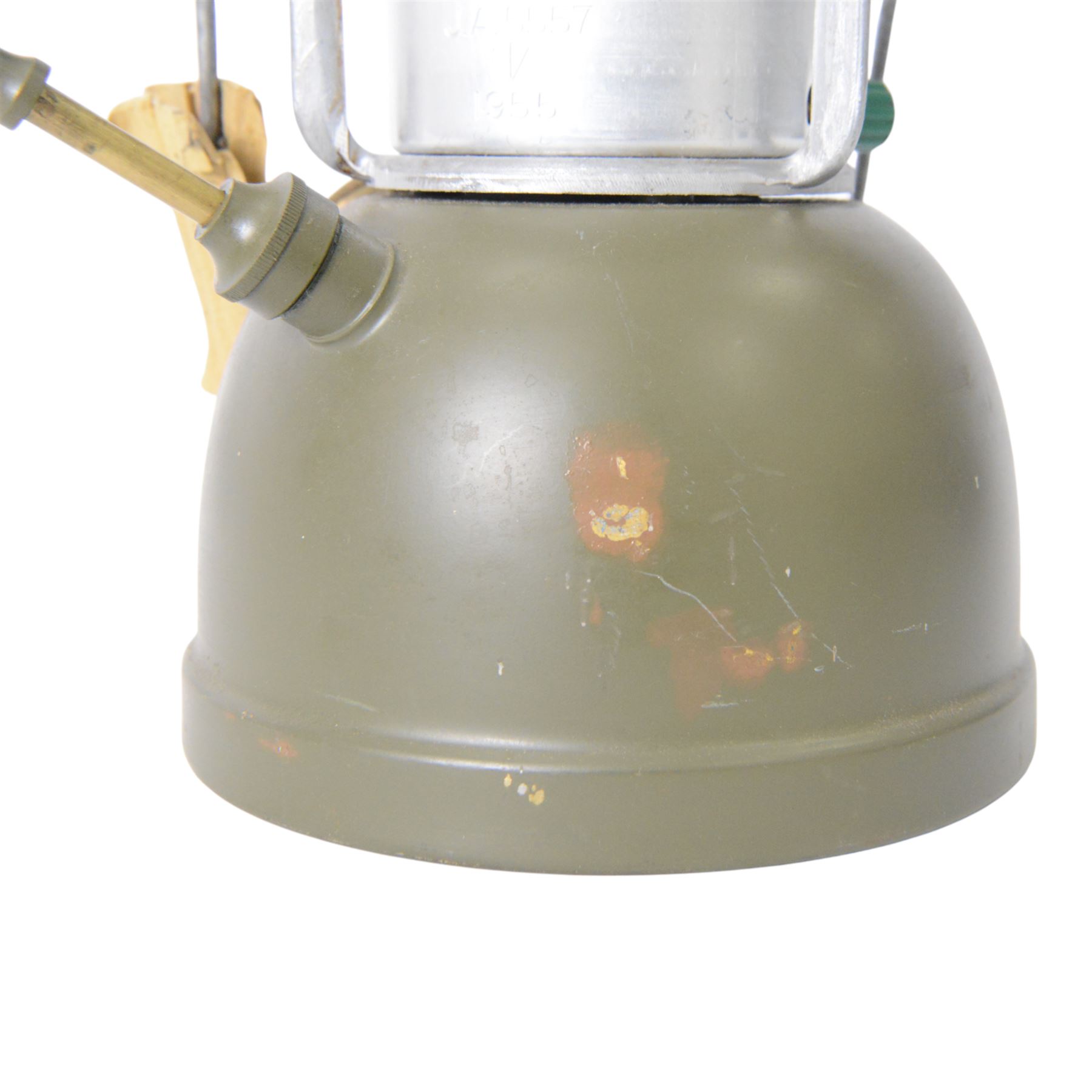 WWI British Officers paraffin lamp by JC & W Lord, Birmingham, complete with carrying case containing fuel can, together with a military issued Bialladin lamp with broad arrow marked 1955