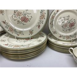 Minton Jasmine pattern tea and dinner wares, including dinner plates, sauce boats, side plates, bowls, teacups, coffee cans and twin handled soup bowls, etc (122)