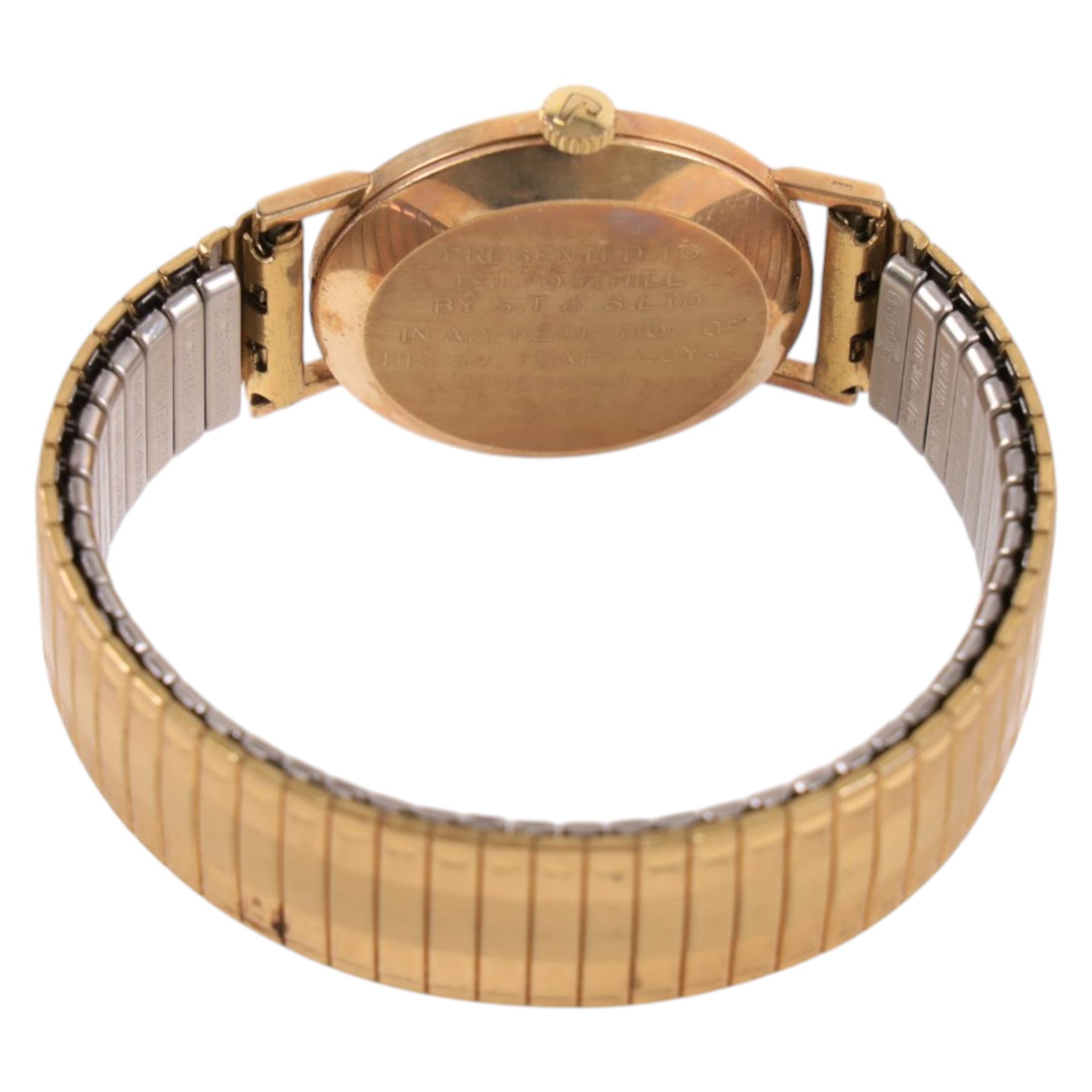 Roamer 9ct gold cased presentation wristwatch, with inscription to back case, on expanding base metal strap, boxed