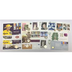 Fifteen coin covers including 'Golden Wedding Anniversary' containing 1997 five pounds, 'A 20th Century Love Story' containing Bailiwick of Guernsey 1999 five pounds, '50th Anniversary of the Festival of Britain' containing 1951 crown, 'A Parliament for Scotland' containing 1999 one pound coin etc